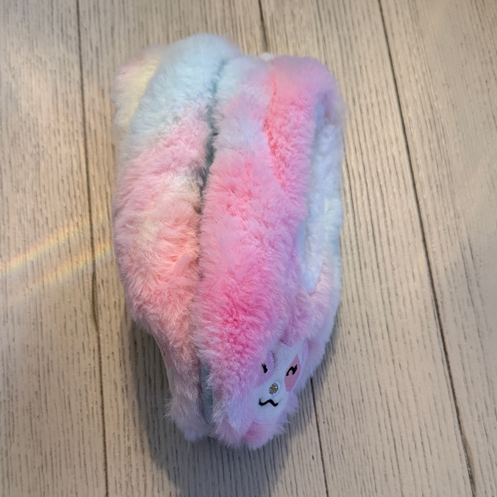 Plush Rainbow Pink Kids slipper socks with Cute Face Accent & grippers